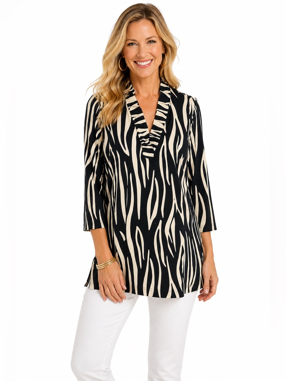 La Mer Luxe Zebra Print Tunic Top M Black Cream Ruffle 3/4 Sleeve Resort Work